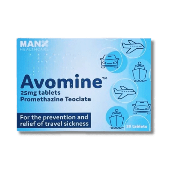 Box of Avomine 25mg Tablets used to treat motion sickness and nausea