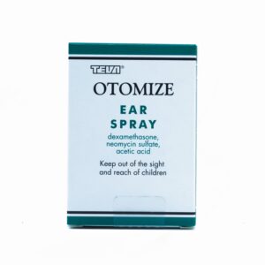 Box and bottle of Otomize Ear Spray used to treat outer ear infections